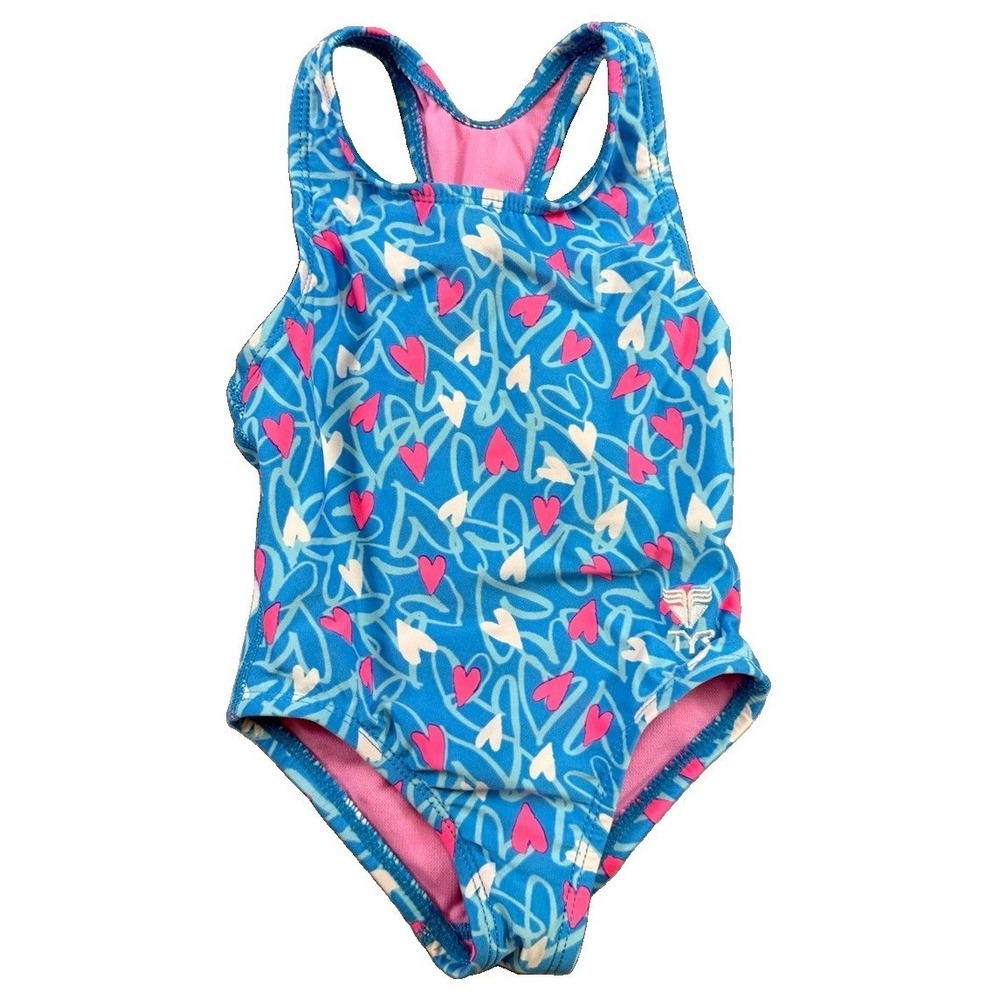 TYR Toddler Girls Pink & Blue Hearts One Piece Racerback Swimsuit Size 2T